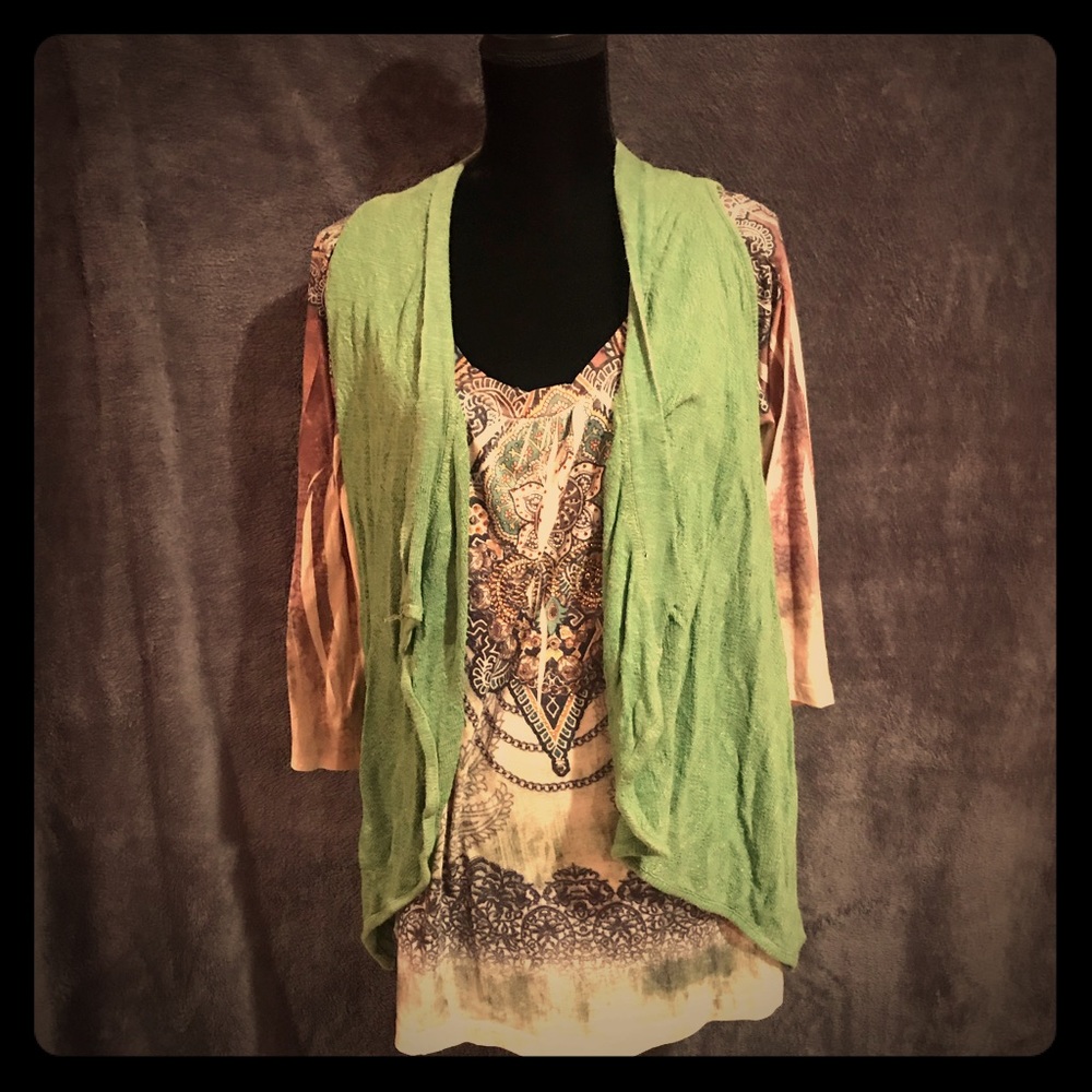 Green and Tan dress shirt.